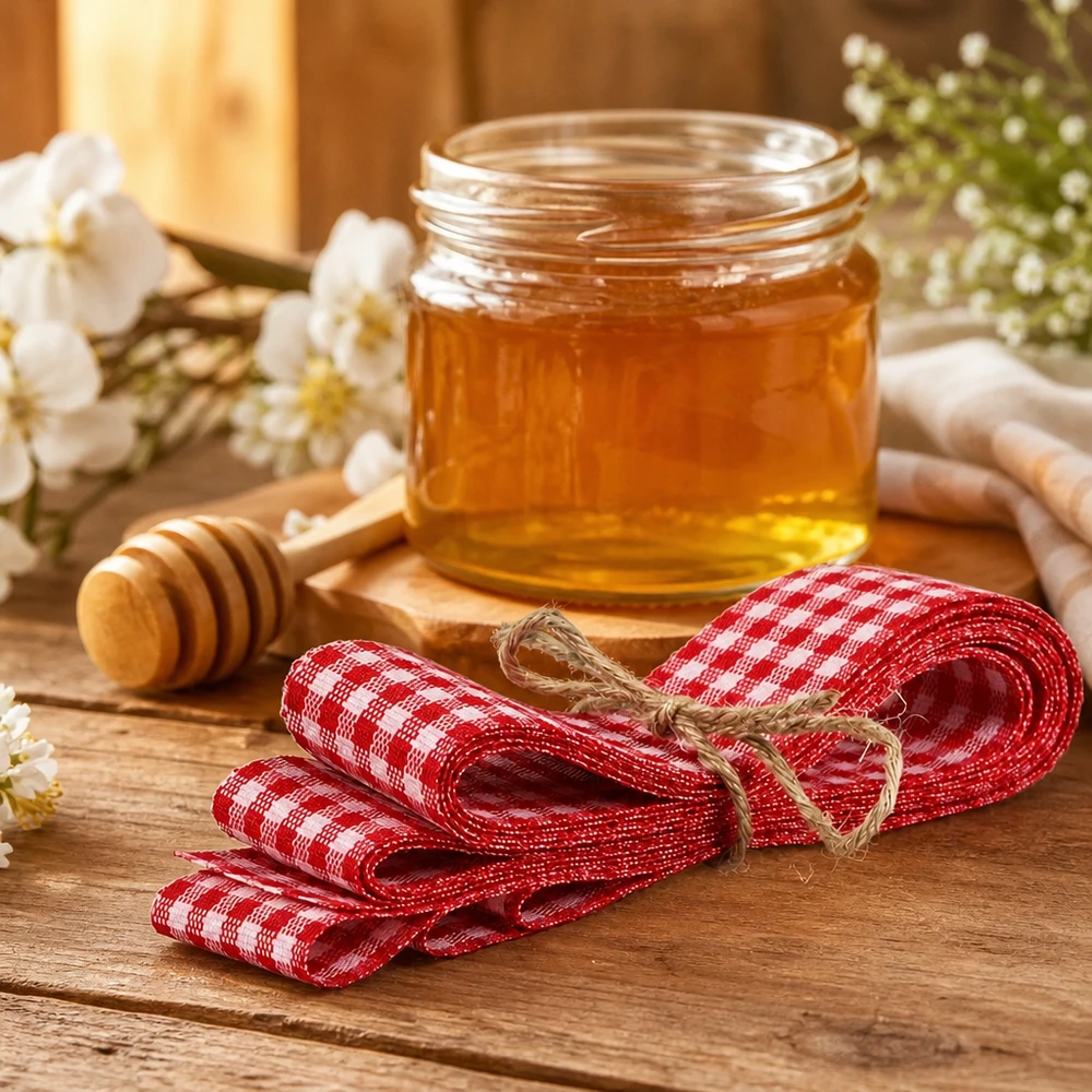 Fita de tecido vermelha/branca para decoração, 300 cm Fita de tecido axadrezado vermelho e branco de 300 cm com cordão de juta em cima de uma mesa de madeira ao lado de um frasco de mel e de uma colher de pau numa cozinha acolhedora