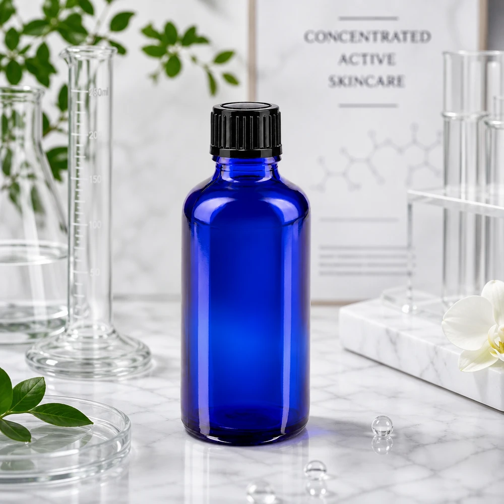 Frasco de farmácia azul de 50 ml com tampa conta-gotas preta, num ambiente de laboratório com frascos de vidro