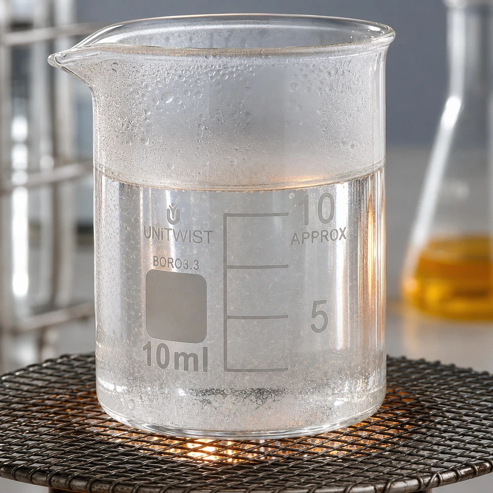 Pequeno copo de vidro de 10 ml com um líquido transparente, aquecido sobre uma rede de arame à luz da chama do queimador