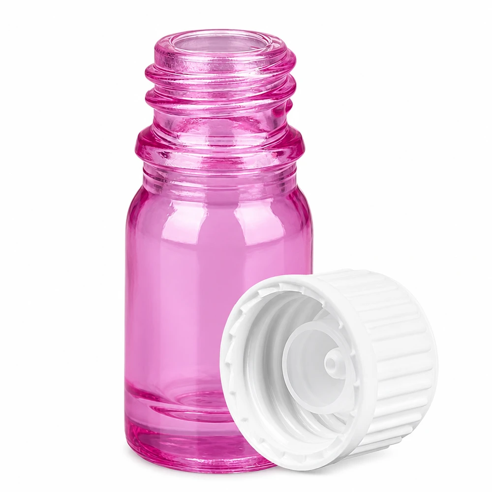 Frasco de vidro pequeno de 5 ml rosa-choque com fio e tampa branca para aromaterapia e perfume