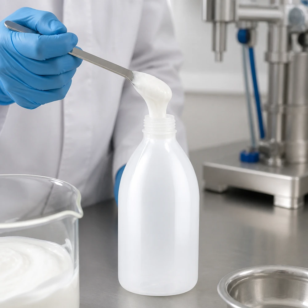 Frasco de laboratório de 1000 ml, de gargalo estreito, sem tampa, a ser enchido com uma substância branca e cremosa