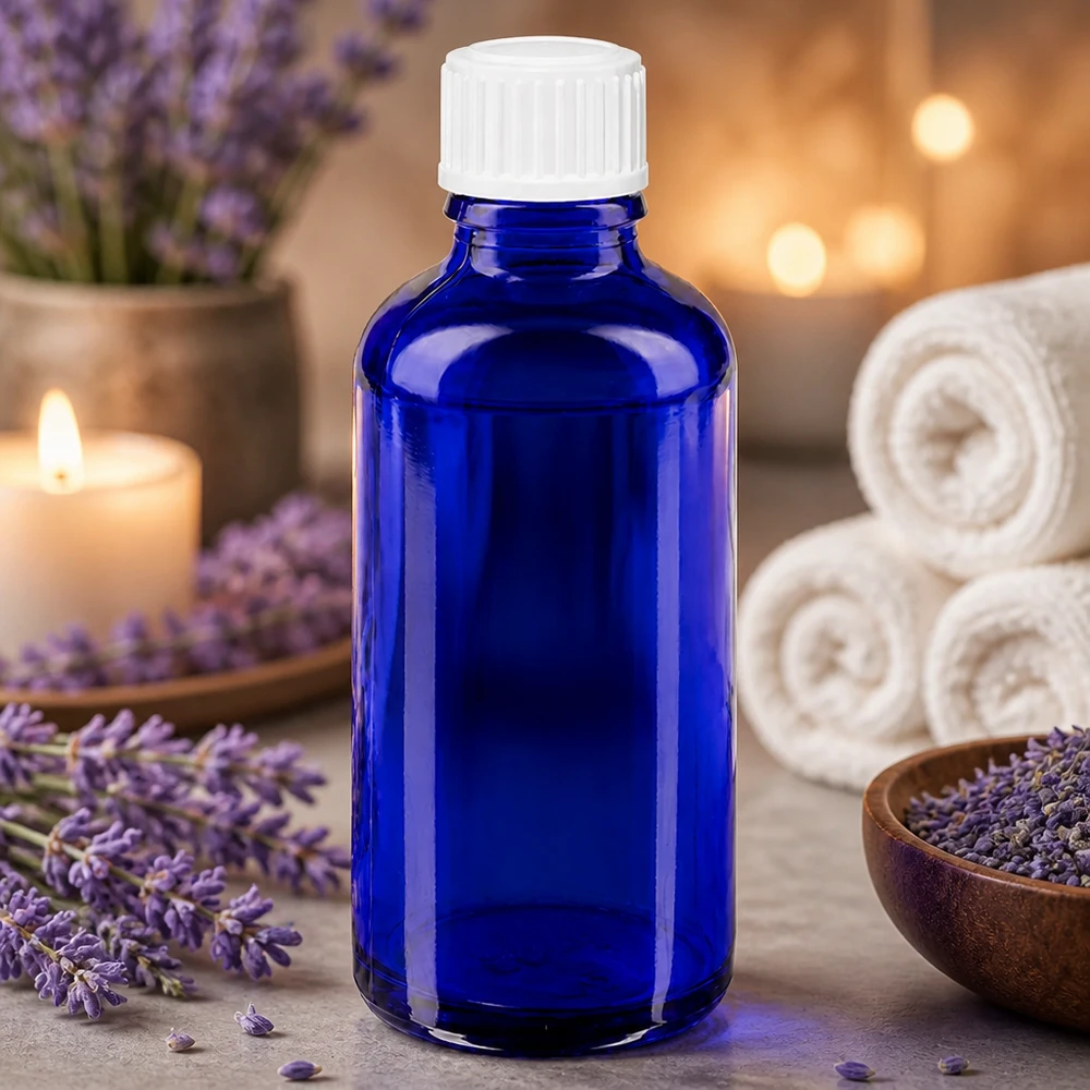 Frasco conta-gotas azul ApoGlas de 50 ml com tampa de rosca branca, ao lado de flores de lavanda e velas