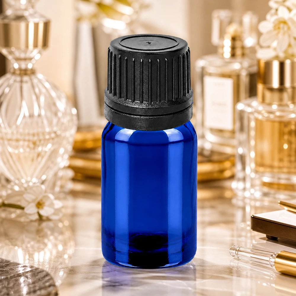 Frasco conta-gotas pequeno de 5 ml em vidro azul com tampa de rosca preta para cosméticos e aromaterapia