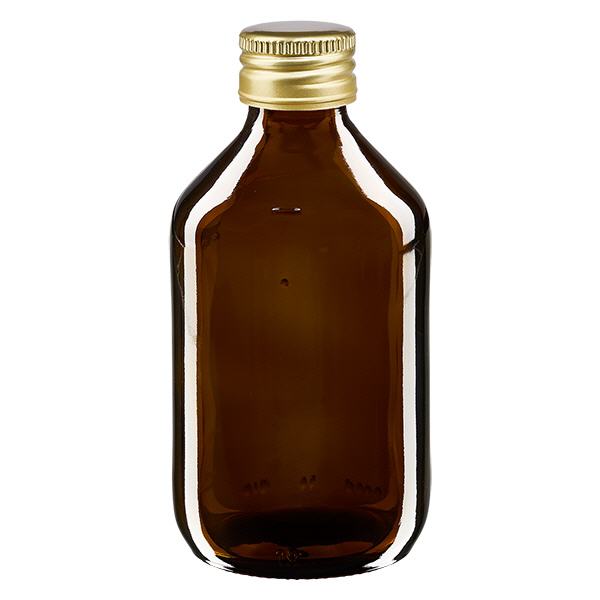 Frasco para medicamentos de 250 ml castanho, com tampa de alumínio dourada ApoGlas Frasco para medicamentos de 250 ml castanho, com tampa de alumínio dourada ApoGlas