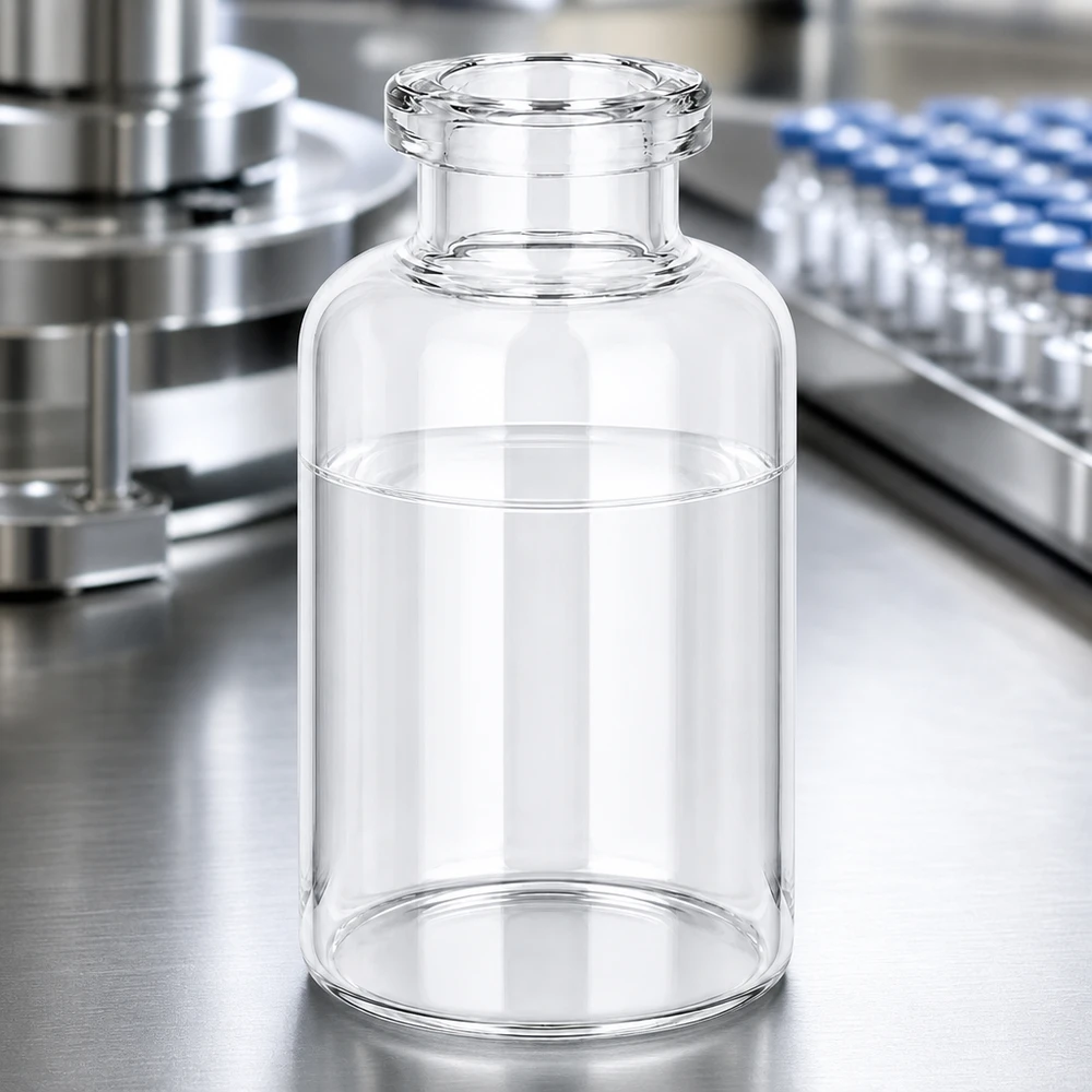 Frasco de injeção de vidro transparente 30ml Medizinische Injektionsflasche Klarglas 30ml neben befüllten Blaukapsel-Vials in Produktionsanlage