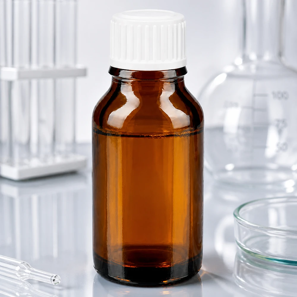 Pequeno frasco castanho de medicamentos de 30 ml com tampa branca padrão num ambiente de laboratório