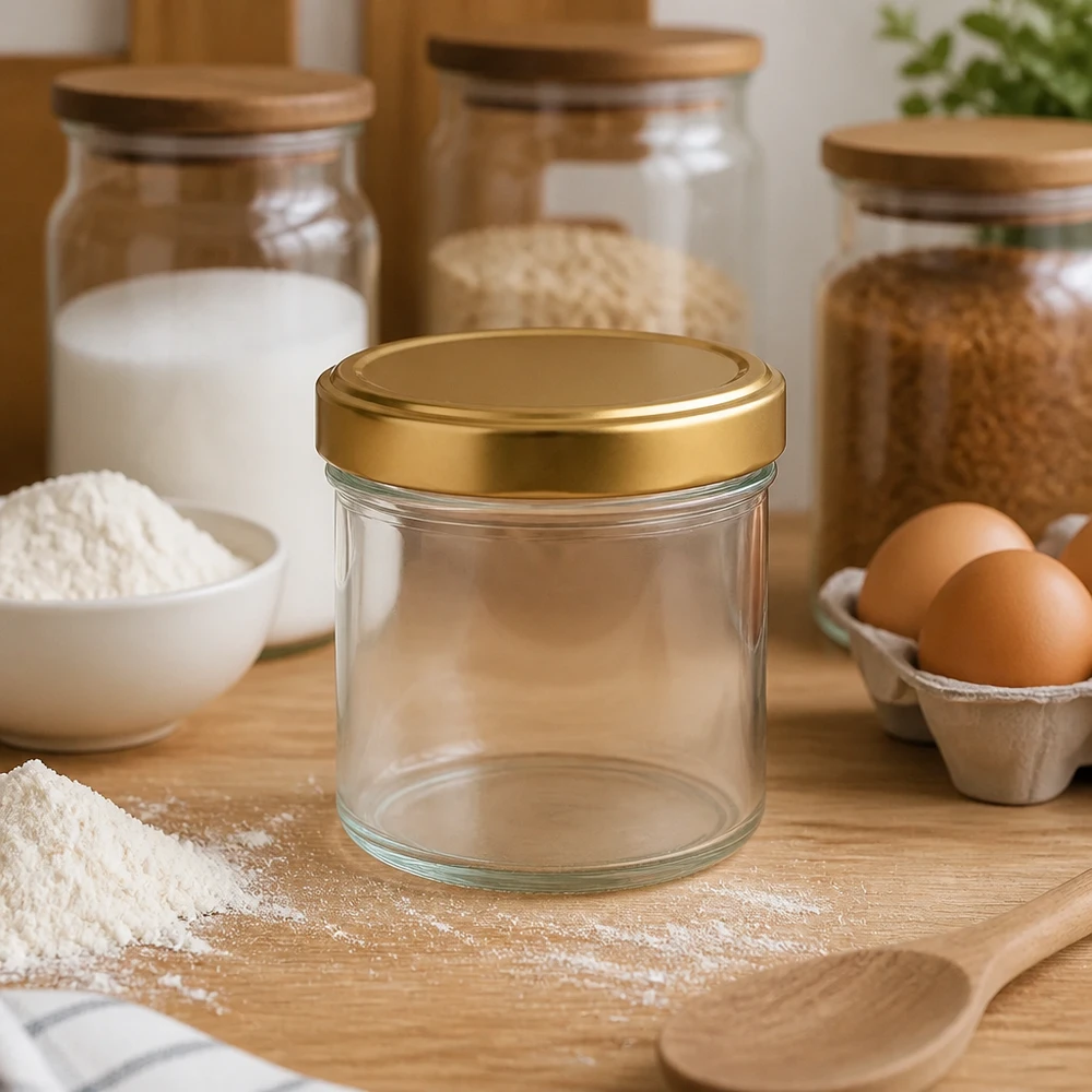 Frasco cilíndrico de 230 ml com tampa dourada BasicSeal em ambiente de cozinha com farinha, ovos e frascos de arrumação Acessórios de pastelaria