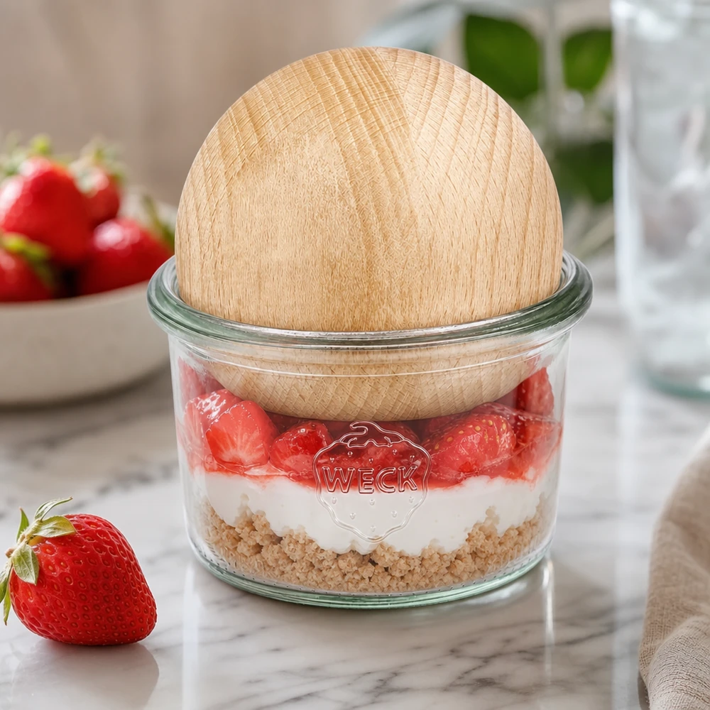 Copos WECK 200ml RR80 com bola de faia como jarro de sobremesa para sobremesa de morango em camadas numa mesa de mármore