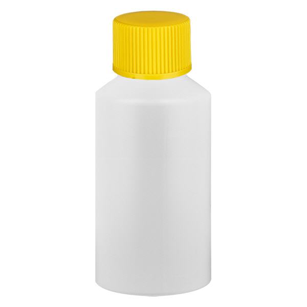 Frasco de farmácia HDPE 50ml branco, com tampa de rosca amarela Frasco de farmácia HDPE 50ml branco, com tampa de rosca amarela
