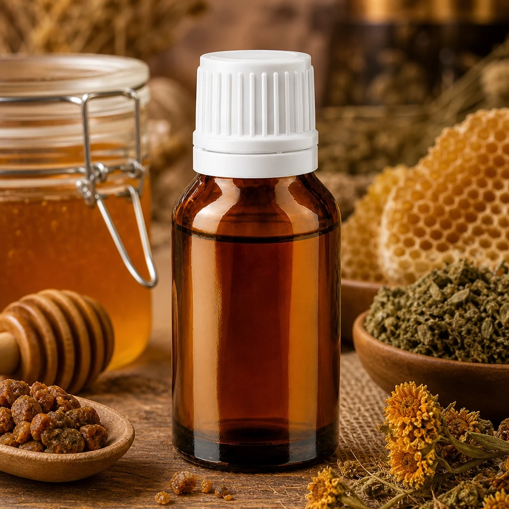 Frasco de farmácia castanho 30ml tampa de rosca branca fecho inviolável Frasco de vidro castanho de 30 ml com tampa de rosca branca, entre favos de mel e ervas medicinais