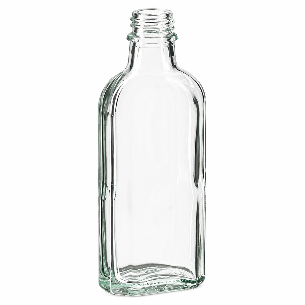 Frasco de vidro transparente de 100 ml com base plana e rosca DIN 22 para líquidos