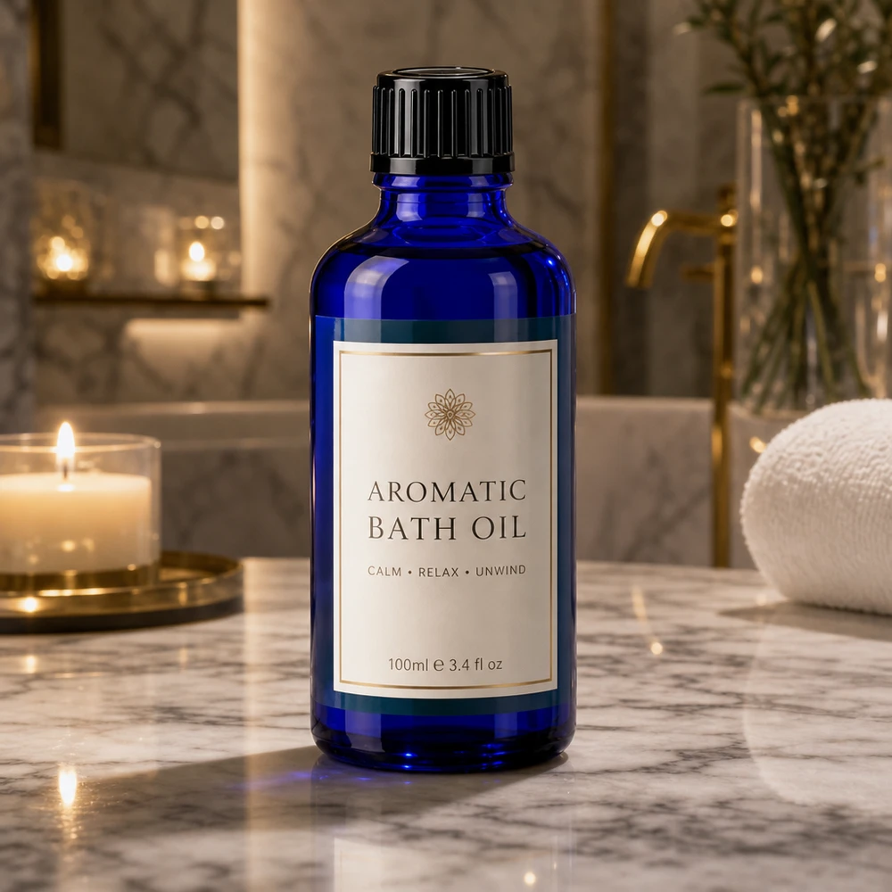 Frasco de farmácia azul 50ml tampa conta-gotas 1mm preto standard Frasco de vidro azul de 50 ml com tampa conta-gotas preta, num elegante ambiente de casa de banho em mármore
