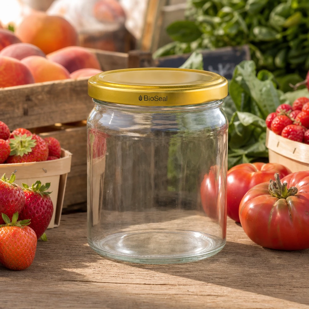 Frasco de conserva UNiTWIST Runda408 vazio com tampa dourada BioSeal entre morangos e tomates frescos numa mesa de madeira