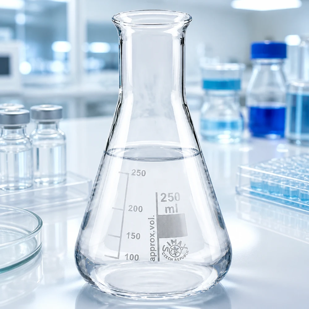 Erlenmeyer 250ml gargalo estreito Balão de laboratório de 250 ml com gargalo estreito e bico para facilitar a decantação de líquidos