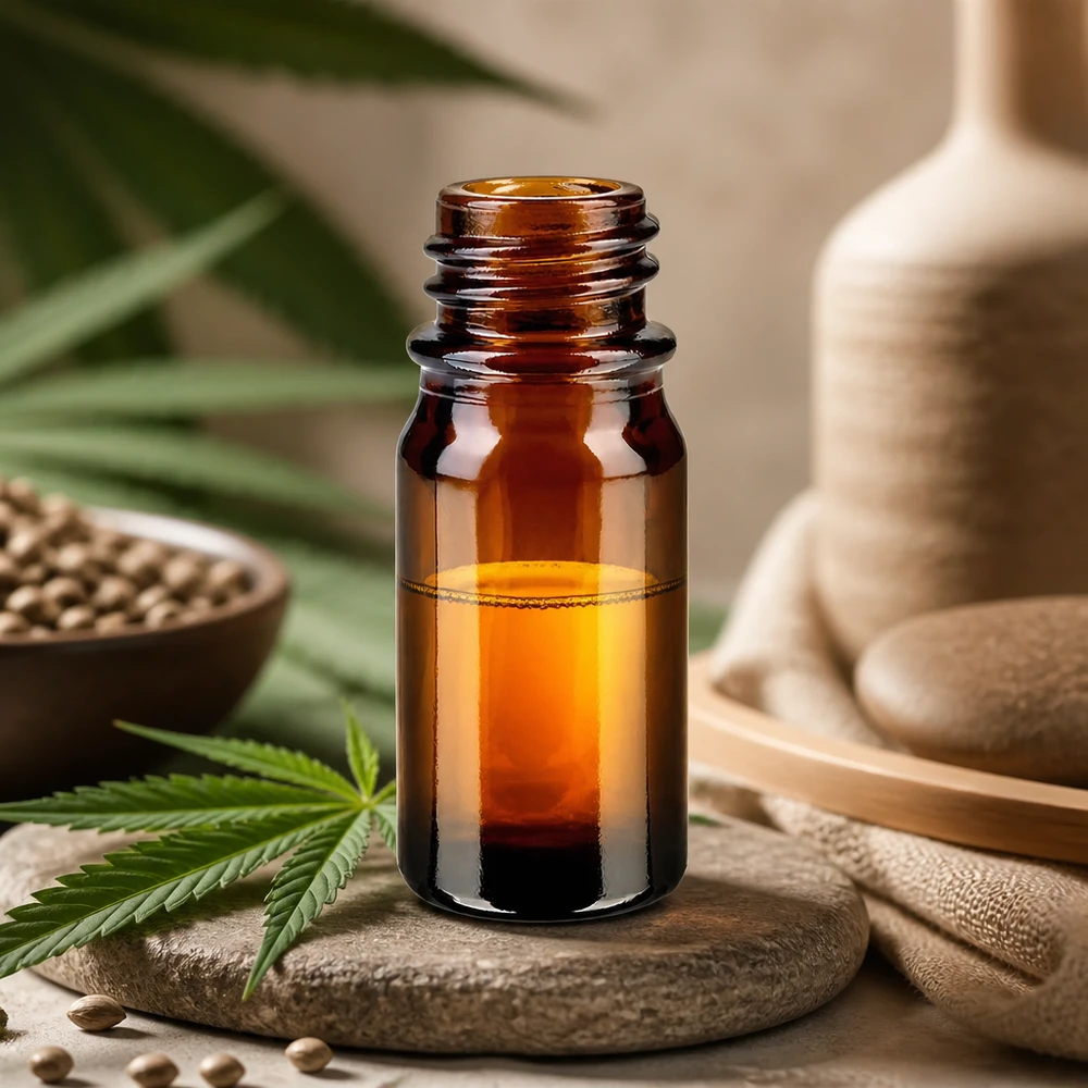 Frasco de farmácia castanho de 5 ml ApoGlas com folha de canábis, sementes de cânhamo e decoração de bambu para óleo CBD