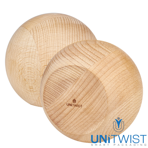 Copos de vidro de 1000ml WECK RR100 com bola de madeira faia Tampa esférica em madeira de faia para o frasco WECK RR100 1062ml - Vista pormenorizada do grão de madeira natural e do logótipo UNITWIST