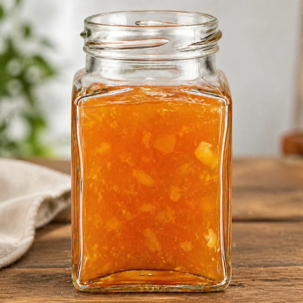 Frasco tetra de 260ml sem tampa (TO58) UNiTWIST UNiTWIST Tetra260 Frasco de 4 cantos 260ml TO58 com conteúdo laranja em mesa de madeira Frasco quadrado para compota