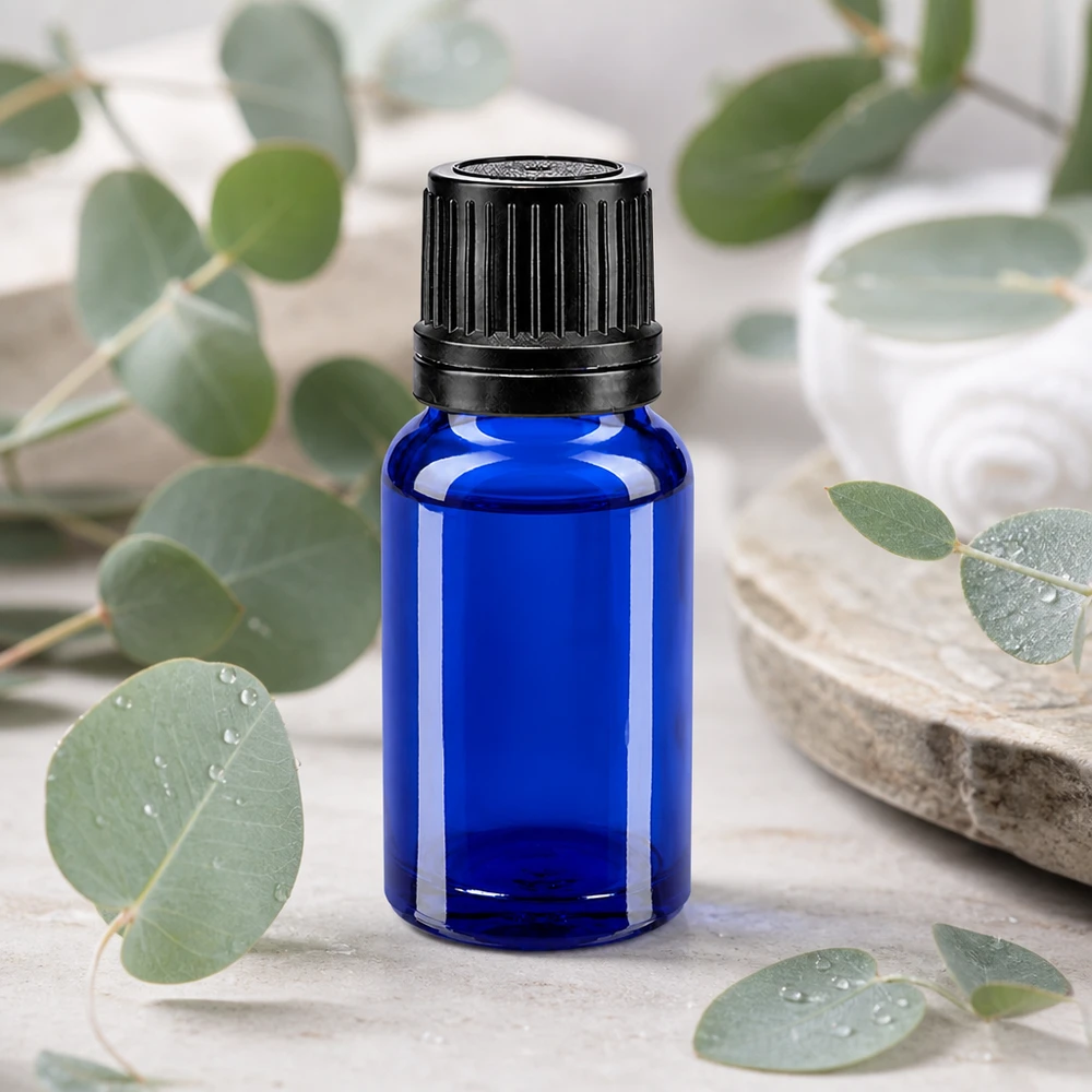 Frasco azul cobalto de 10 ml com tampa de rosca preta e aplicador conta-gotas de 1 mm para óleos essenciais