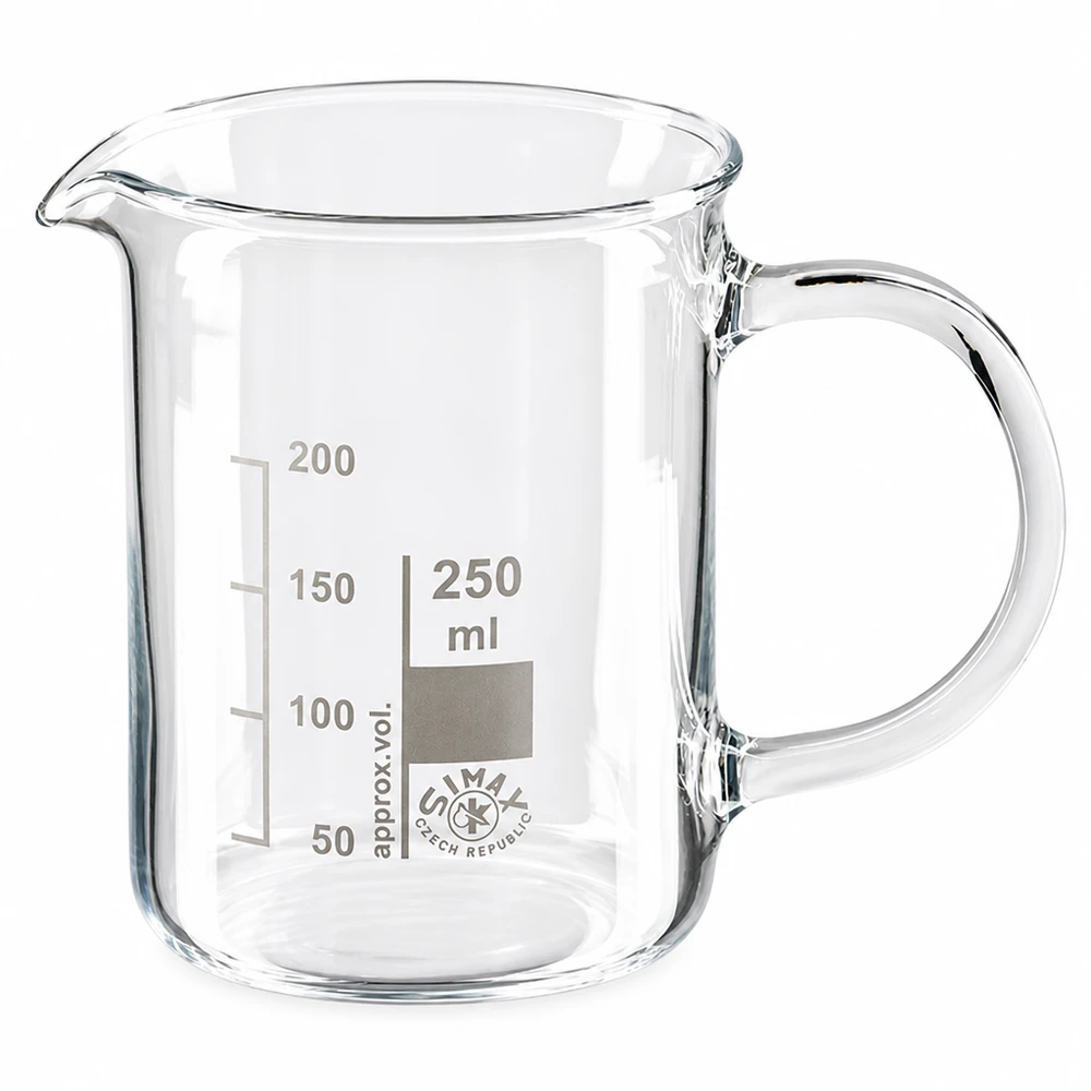 Copo de 250 ml em vidro borossilicato, com alça e escala em mililitros sobre fundo branco