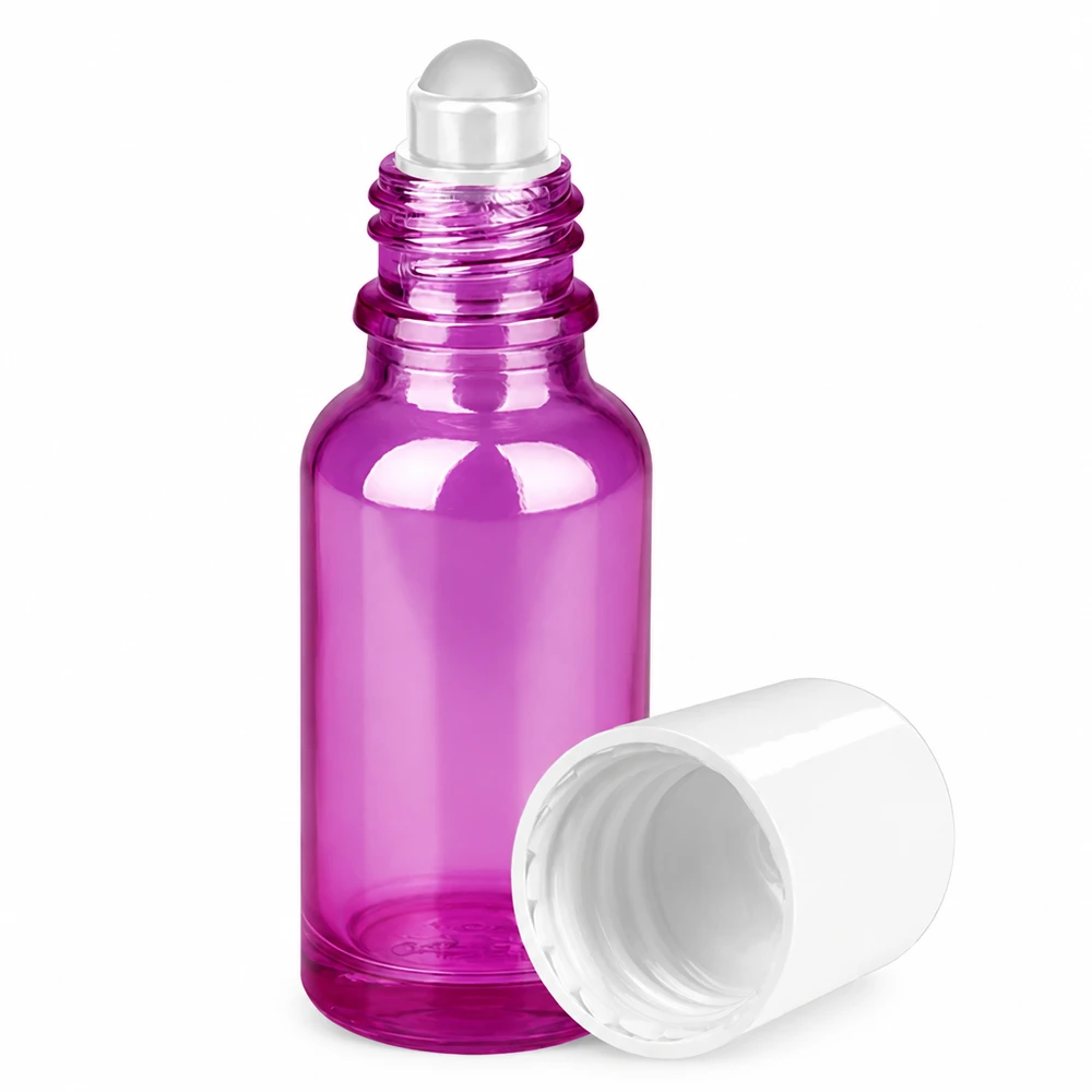 Frasco de vidro roll-on roxo de 20 ml com aplicador de esfera metálica para uma aplicação precisa dos óleos