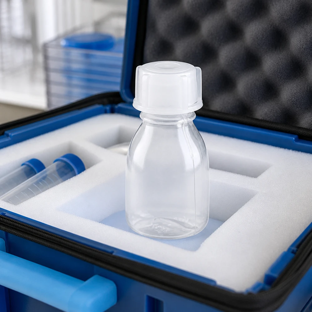Frasco de 10 ml com gargalo estreito e tampa de rosca, numa mala de transporte azul com revestimento de espuma para um envio seguro