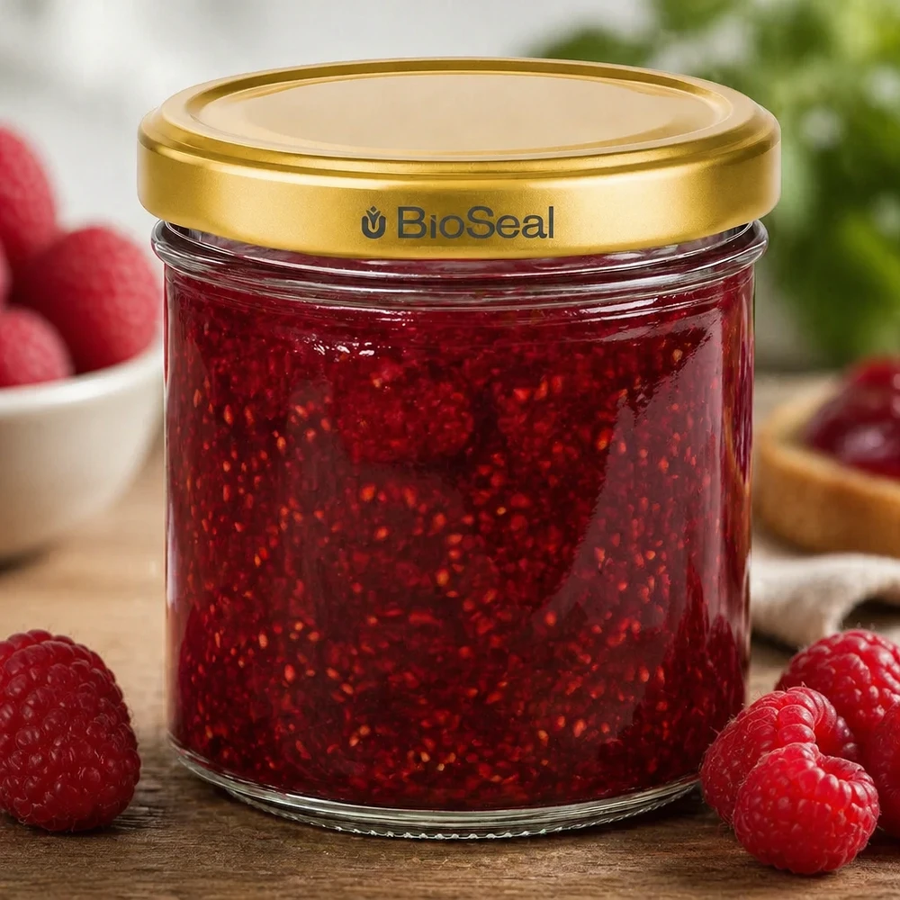 200g Honigglas mit goldenem Deckel BioSeal UNiTWIST Frasco de compota BioSeal de 200 g cheio de compota de framboesa rodeado de framboesas frescas numa base de madeira
