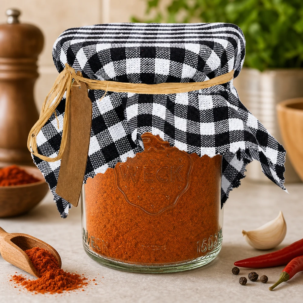 Guardanapo axadrezado preto e branco com pimentão picante num frasco de conserva Decoração de cozinha com malagueta e alho Quadrado de 15 cm