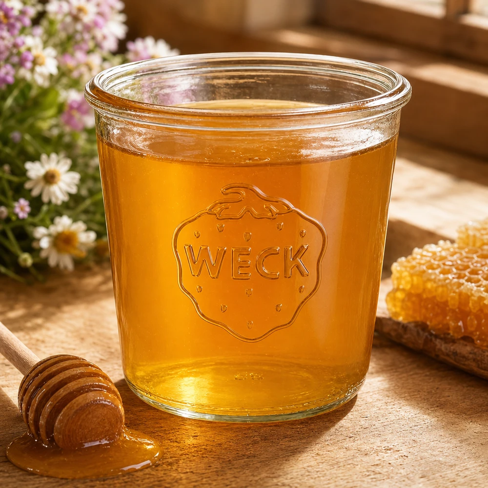 Frasco Weck de 580 ml RR100 cheio de mel numa mesa de madeira com colher de mel e frasco de conserva de favo de mel