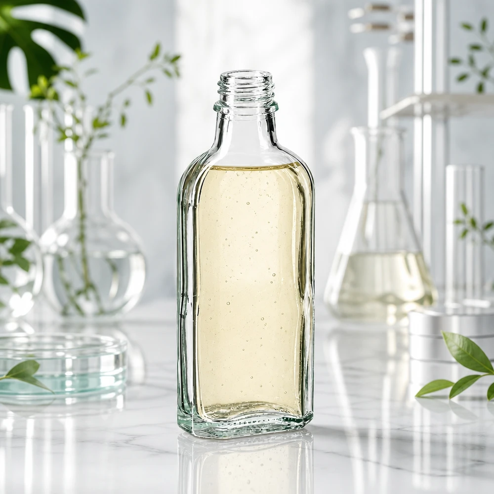 Frasco Meplat transparente de 100 ml DIN22 Frasco Meplat transparente de 100 ml, cheio de um líquido amarelado e com rosca DIN 22, num ambiente de laboratório