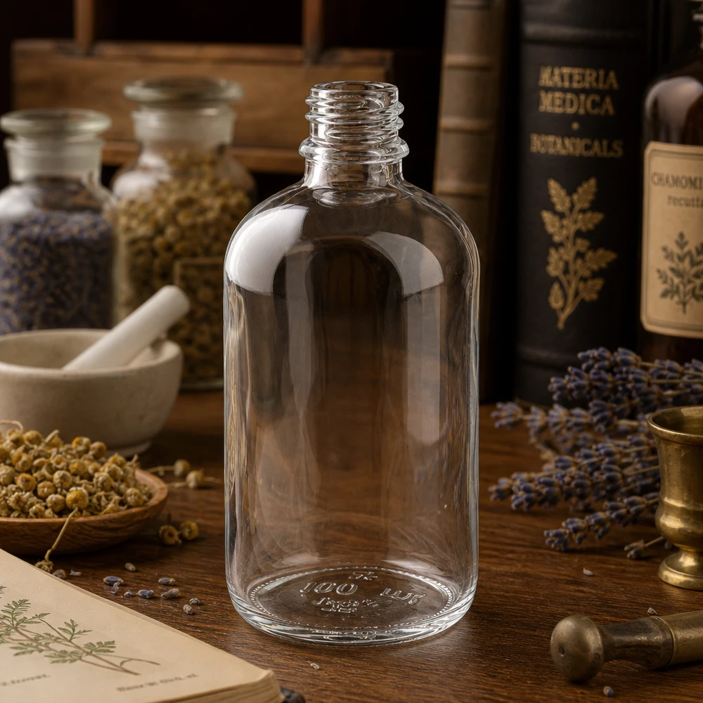 Frasco de vidro transparente 100ml DIN 18 Frasco de farmácia ApoGlas de 100 ml com design clássico para medicina tradicional e remédios naturais