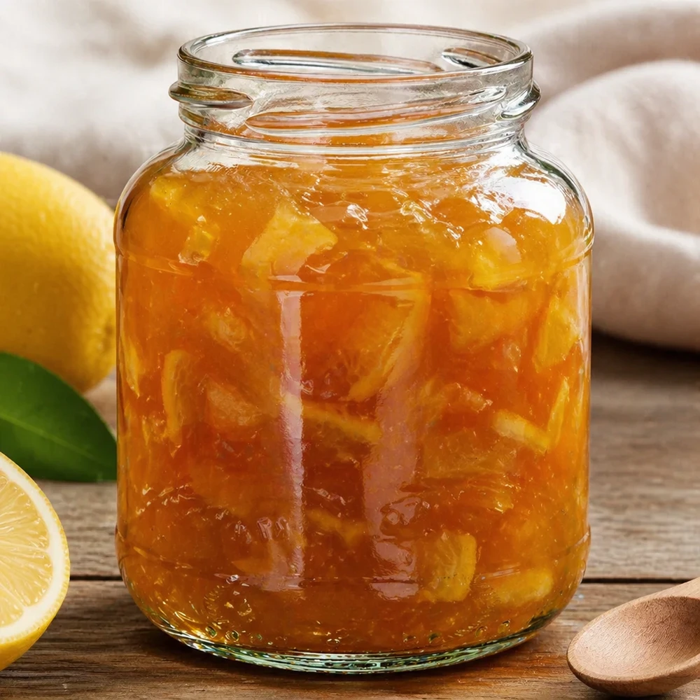 UNiTWIST Oval370 frasco de compota de 370 ml cheio de marmelada de laranja junto a limão numa base de madeira