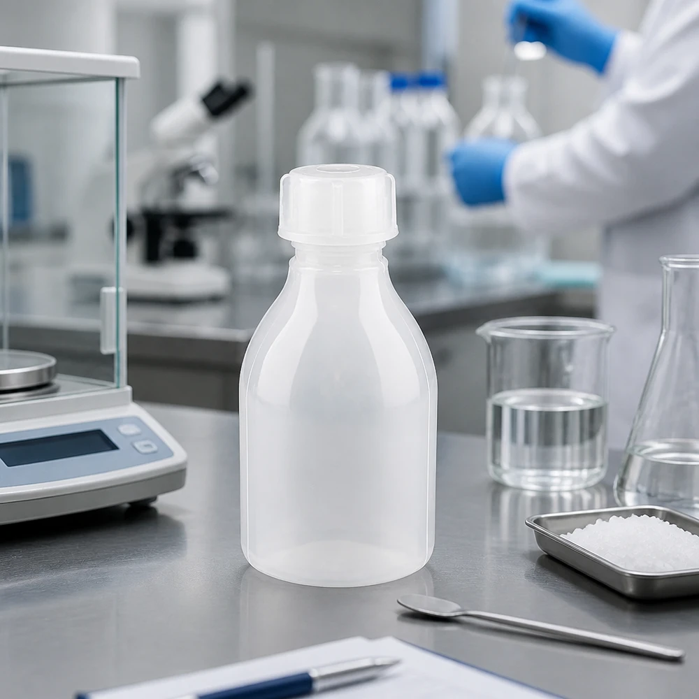Frasco de laboratório de 30 ml de HDPE com gargalo estreito, colocado numa balança de laboratório ao lado de um copo de vidro e de um frasco de Erlenmeyer