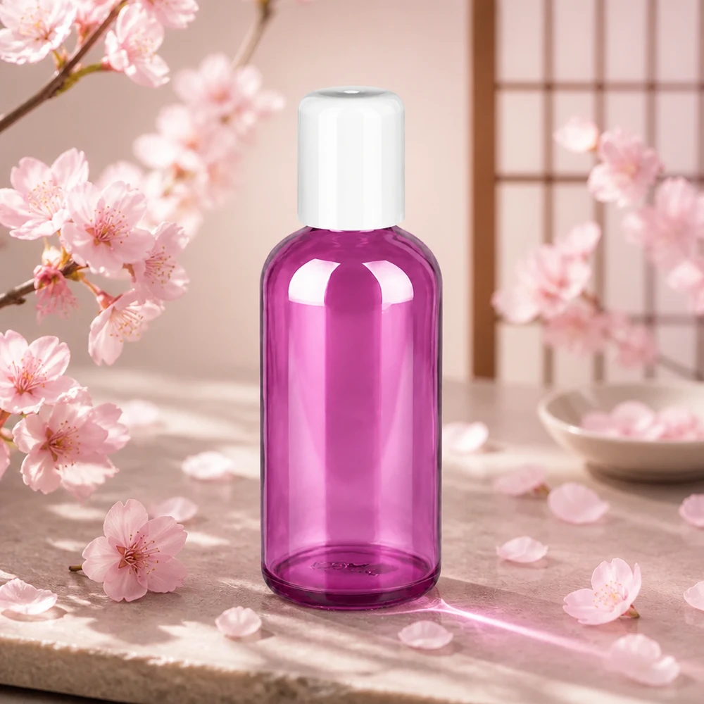 Frasco roll-on roxo transparente de 100 ml com tampa branca para dosear facilmente os produtos de cuidado