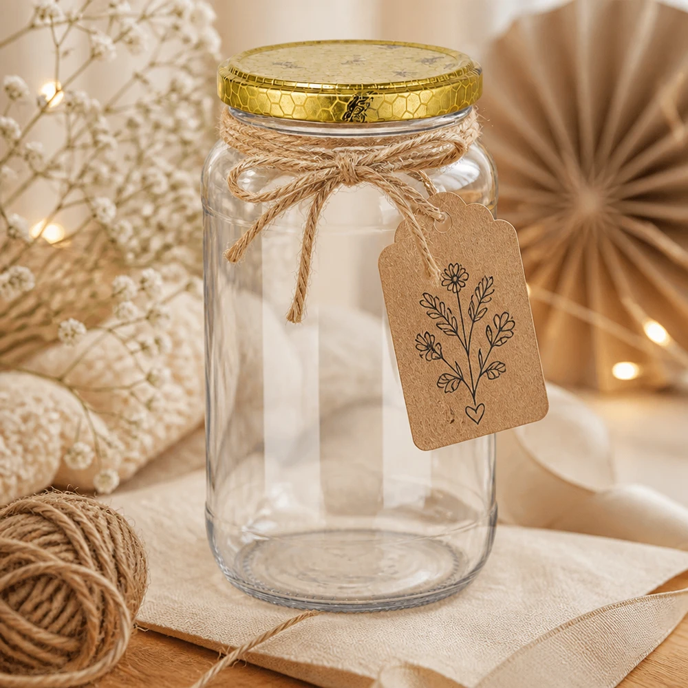 Frasco redondo de 1062 ml vazio com tampa dourada em forma de favo de mel e etiqueta de oferta decoração rústica fio artesanal