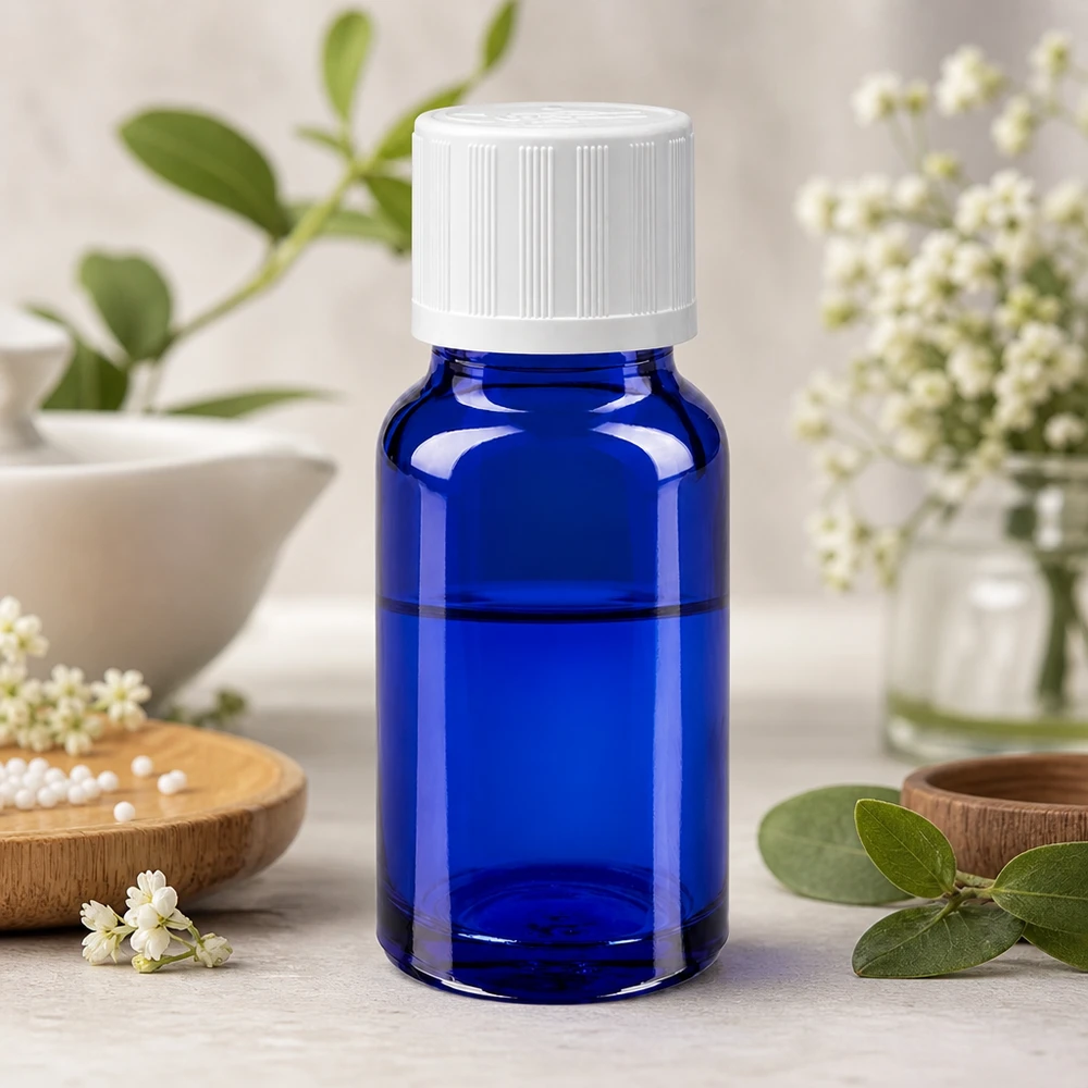 Frasco conta-gotas azul de 10 ml com tampa de segurança para crianças branca, entre plantas aromáticas e flores