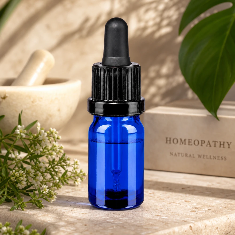 Frasco pipeta de 5 ml preto com fecho inviolável BlueLine UT18/5 Frasco de pipeta de alta qualidade de 5 ml em vidro azul para óleos essenciais OV BlueLine UT18/5