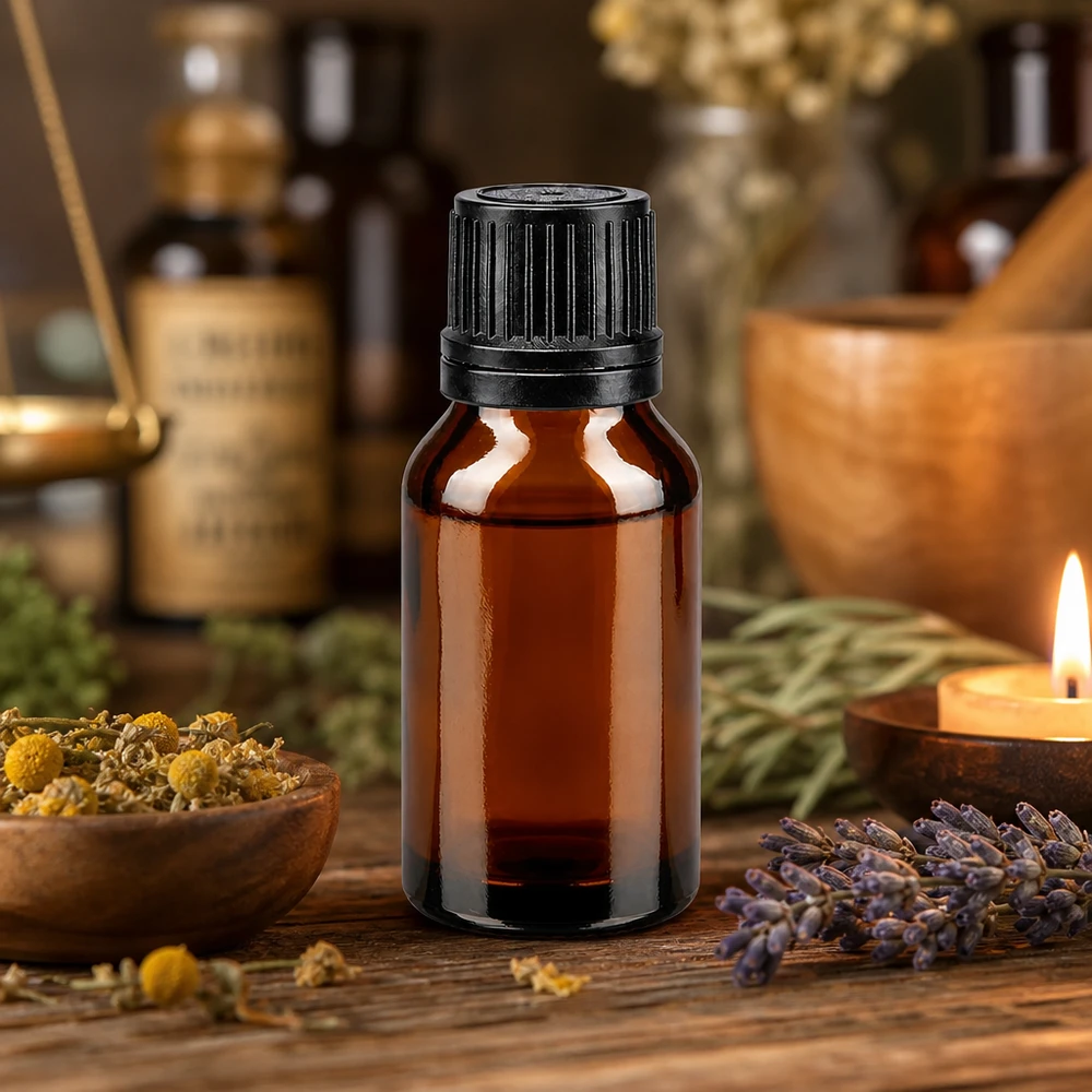 Frasco de farmácia de 15 ml, castanho, com tampa de rosca preta e conta-gotas, ao lado de ervas e de uma vela