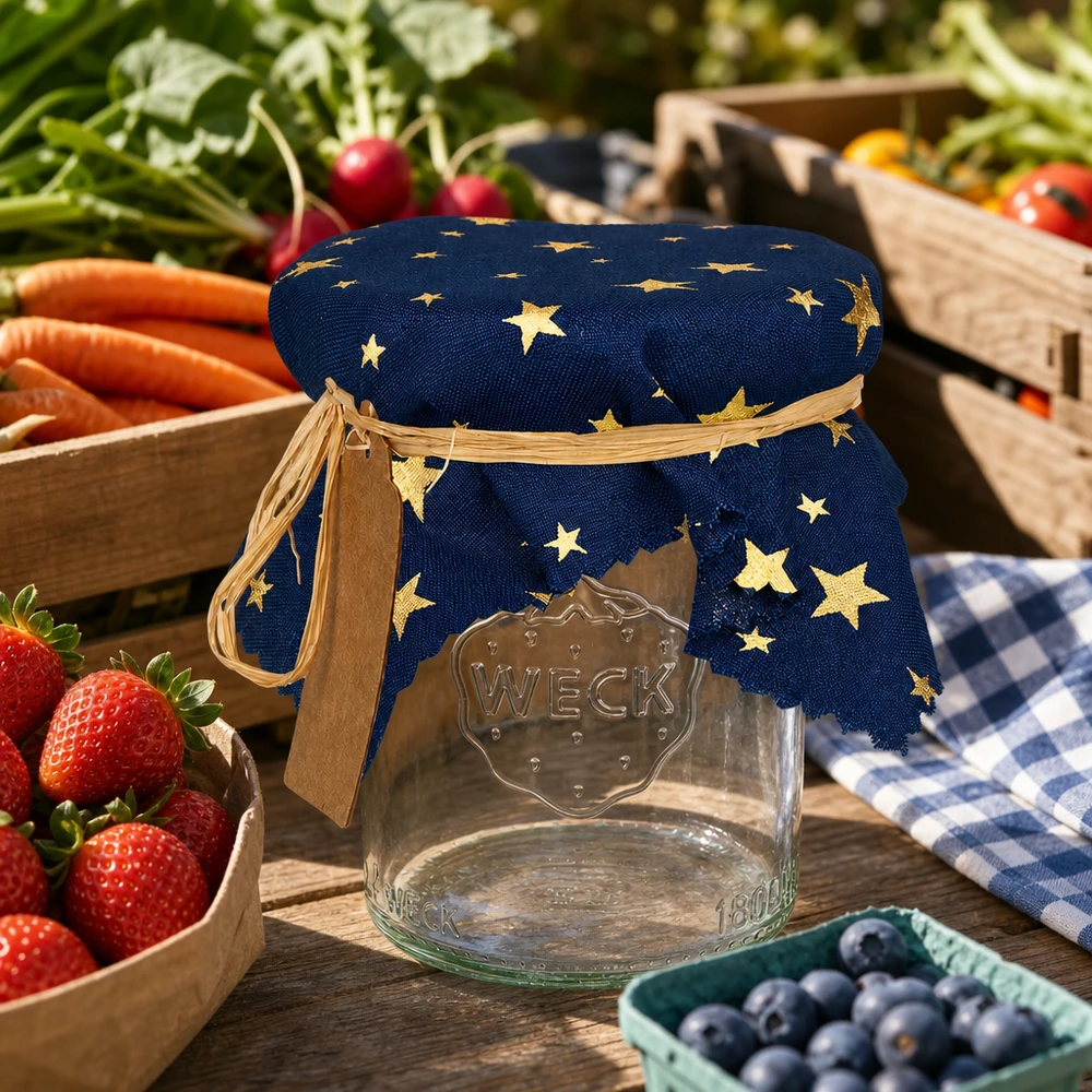 Guardanapo decorativo azul com estrelas douradas num frasco Weck rodeado de frutos e legumes frescos 15 cm quadrados