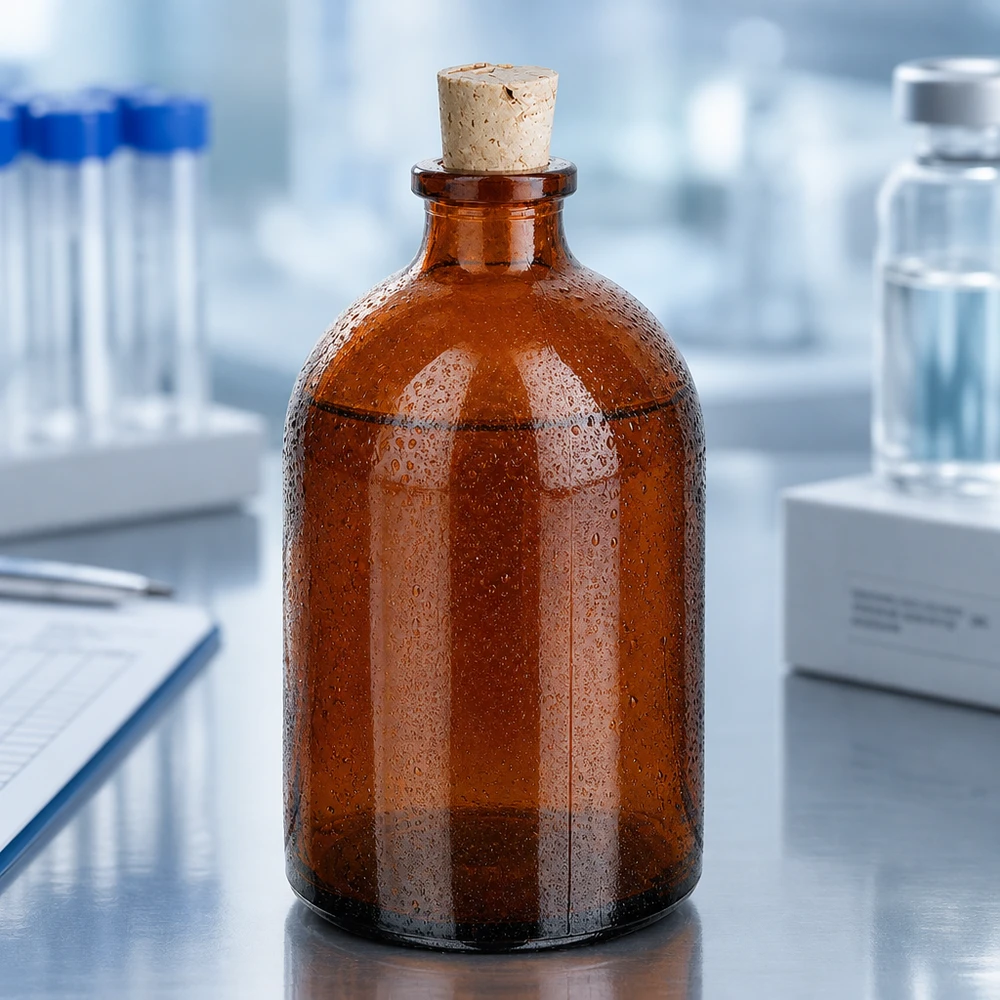 Frasco de vidro âmbar 100ml com rolha 11/14mm Robuste Reagenzflasche 100ml aus braunem Borosilikatglas mit traditionellem Korkstopfen