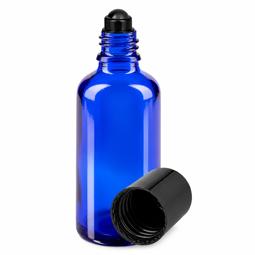 Frasco de farmácia azul 50ml tampa roll-on preta Frasco azul de 50 ml com aplicador de bola, em vidro de farmácia, com aplicador de bola preto e tampa de rosca