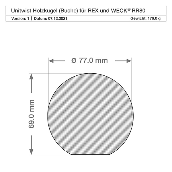 Copos de vidro de 165ml WECK RR80 com bola de madeira de faia Desenho técnico da bola de faia para o jarro WECK RR80 com dimensões de 77 mm de diâmetro e 69 mm de altura
