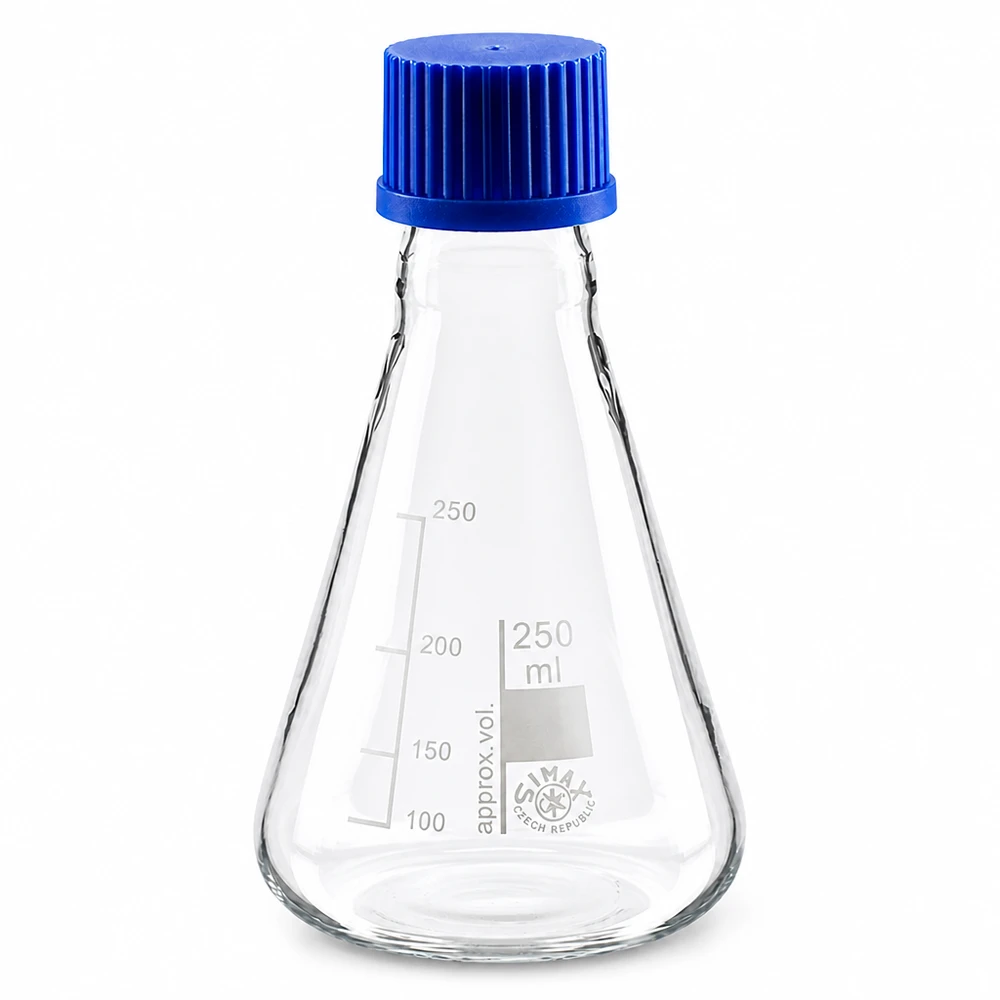 Erlenmeyer cónico de 250 ml com graduação e tampa azul para medições precisas