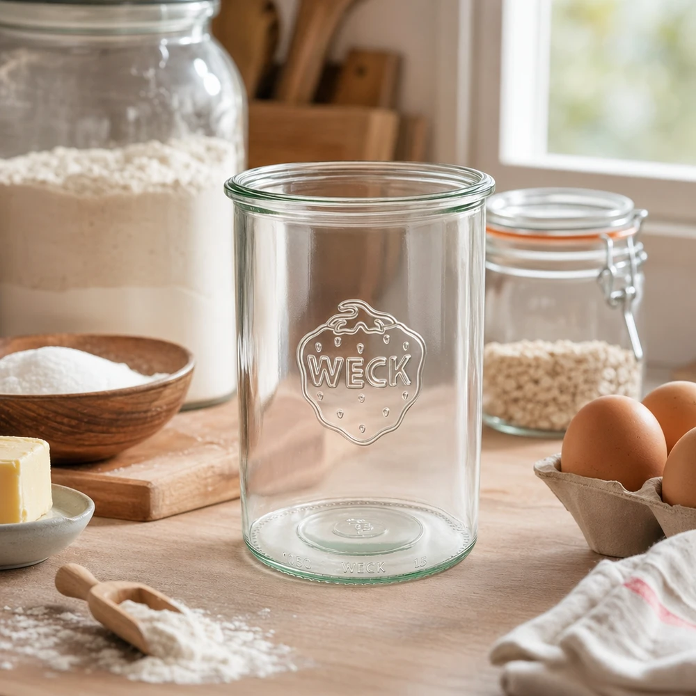 Frasco de vidro de 1000 ml WECK RR100 Frasco de vidro WECK RR100 de 1000 ml com logótipo em cozinha rústica com ingredientes de pastelaria e ovos
