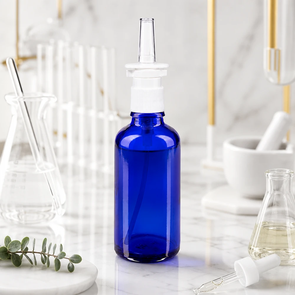 Frasco de vidro azul de 50 ml para spray nasal de farmácia, com bico pulverizador transparente, num ambiente de laboratório