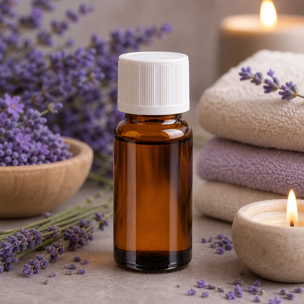 Frasco de farmácia castanho de 10 ml com tampa de segurança para crianças branca, para óleo de lavanda