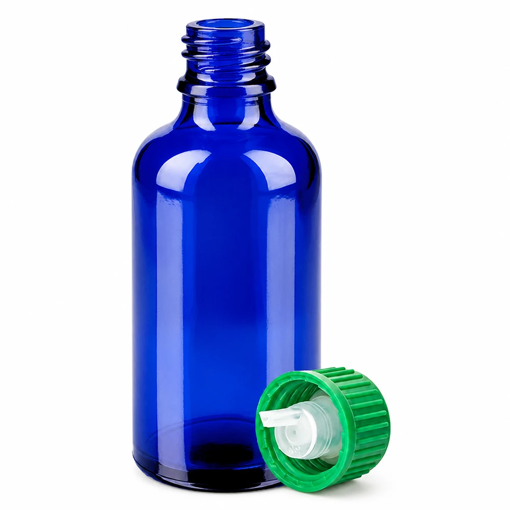 Frasco de vidro azul de 50 ml com tampa de conta-gotas de 0,8 mm para óleos essenciais e tinturas