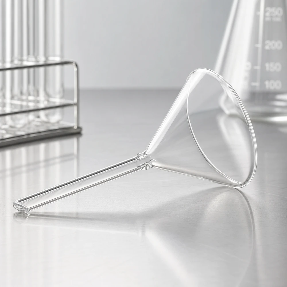 Funil de vidro de haste curta com 70 mm de diâmetro, transparente, em vidro de cal sodada para utilização em laboratório