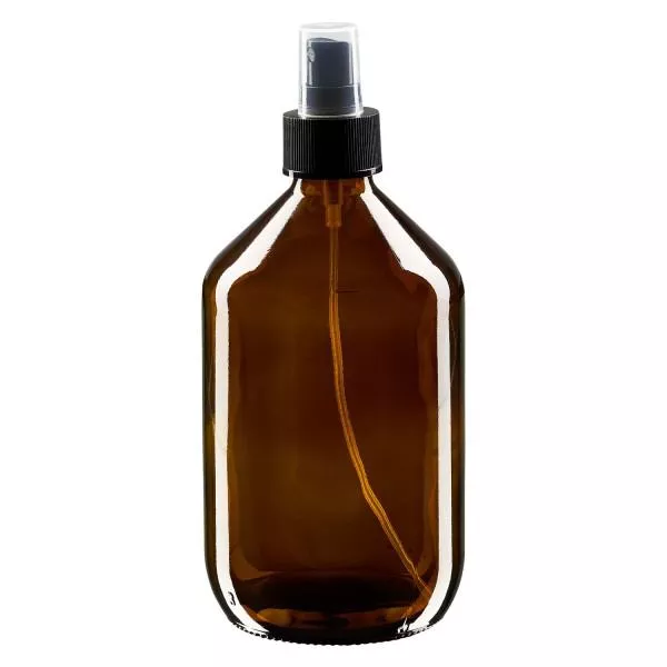 Frasco para medicamentos de 500 ml castanho, com bomba atomizadora preta ApoGlas Frasco para medicamentos de 500 ml castanho, com bomba atomizadora preta ApoGlas