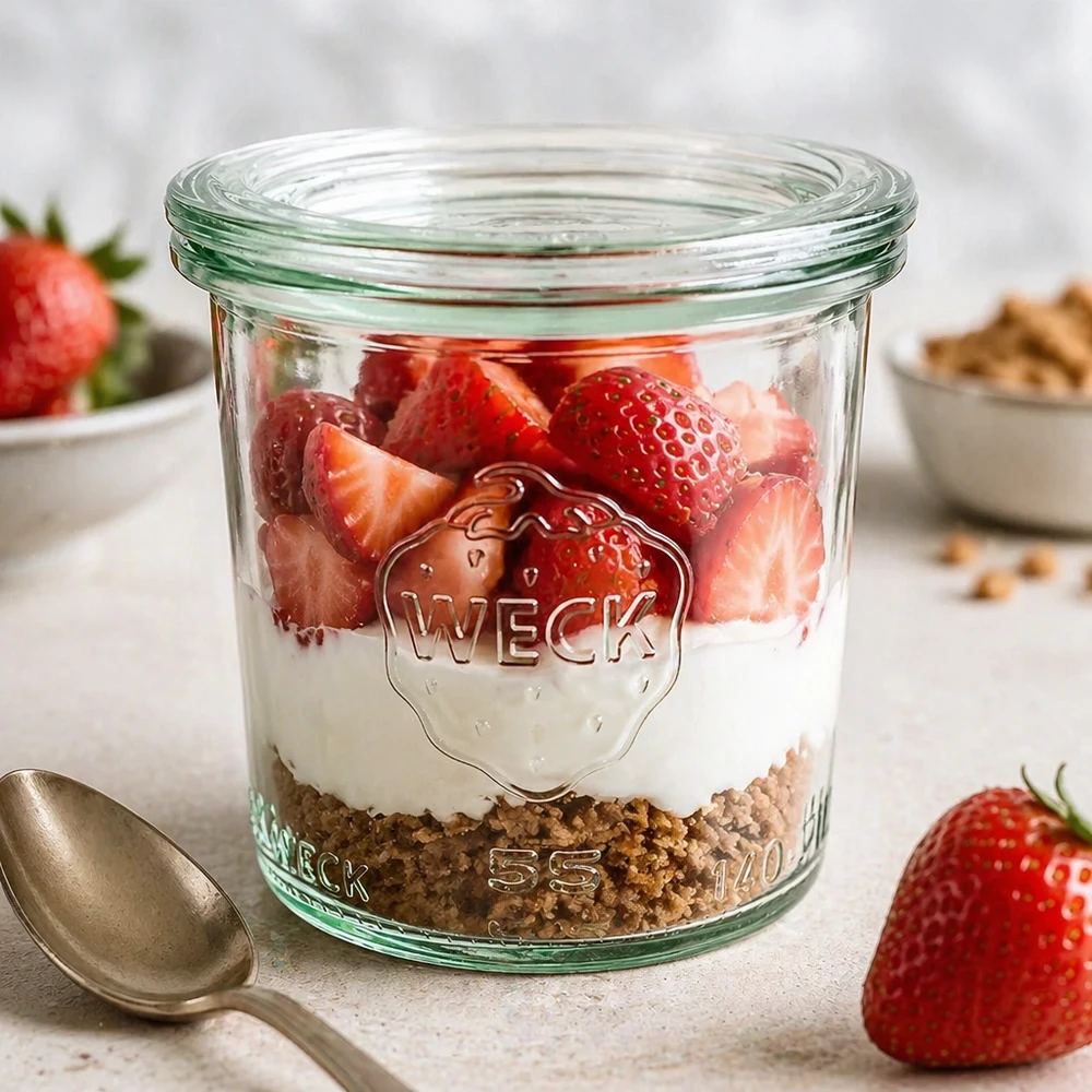 WECK Frasco de vidro cónico de 140 ml com tampa de vidro RR60 | Qualidade Premium WECK Sturzglas 140ml RR60 mit Joghurt Müsli Erdbeeren gefüllt als Dessertglas auf weißer Marmorplatte Frühstück
