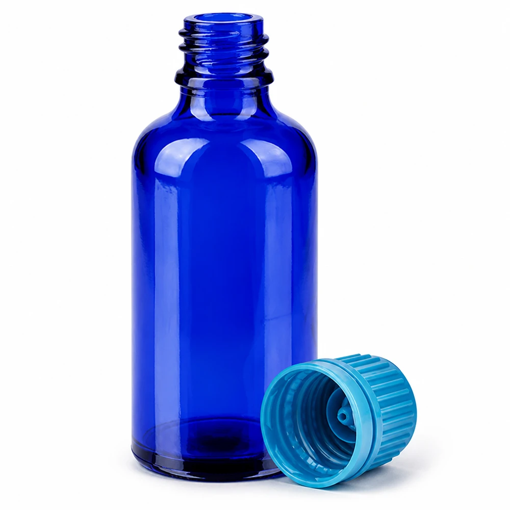 Frasco de laboratório de vidro azul de 50 ml com tampa turquesa para aplicações farmacêuticas